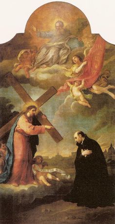 an image of the crucifix being carried by two men in front of a painting