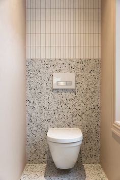 a white toilet sitting in a bathroom next to a wall mounted paper dispenser