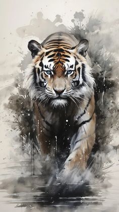 a painting of a tiger running through water