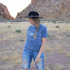 girl in blue jeans with a blue t-shirt wearing on open crown black felt hat Black Felt Hat, Hats Collection