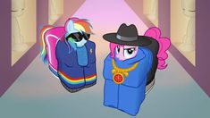 two ponies are walking down the hall together wearing hats and scarves on their heads