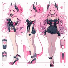 an anime character with long pink hair and horns on her head, standing in front of various