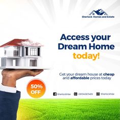 a person holding up a house on top of a plate with the words, access your dream home today get your dream house at cheap and affordable prices today