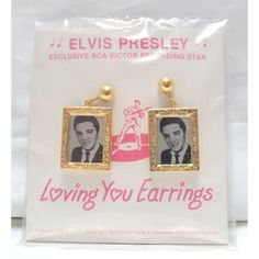 elvis presley loving you earrings in gold plated metal with pink and white photo on the front