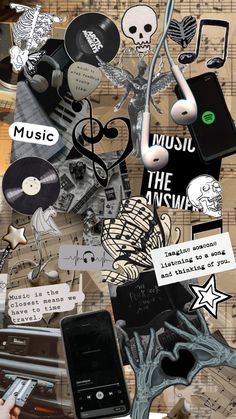 a collage of music related items including an mp3 player, headphones and notes