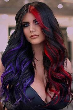 Lived-In Vivid Red and Purple Highlights on Black Hair Hair Color Ideas Red And Purple, Black Hair With Red And Purple Highlights, Dark Hair With Bright Colors, Purple Red Hair Color Ombre, Black Hair Neon Highlights, Purple Roots And Black Hair, Blue And Red Highlights In Black Hair, Red Black And Purple Hair, Black And Vivid Hair