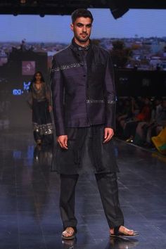 Shop for Shruti Sancheti- Men Grey Twill Embroidered Bandhgala Set for Men Online at Aza Fashions Embroidered Bandhgala, Long Kurta, Short Kurta, Straight Fit Pants, Pattern Embroidery, Wool Pants, Pin Tucks, Mandarin Collar, Pocket Square