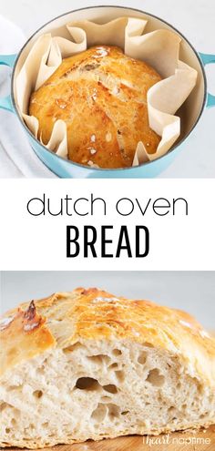 bread in a dutch oven with the words dutch oven bread on top and an image of it