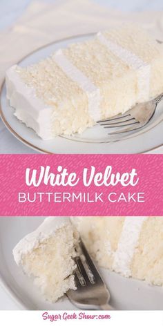 a slice of white velvet buttermilk cake on a plate