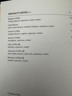 the menu for specialty coffee is shown in black and white