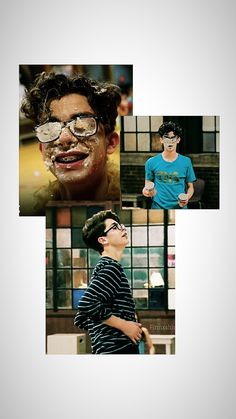 four different pictures of young men with glasses and one has his mouth open while the other is looking up