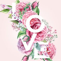 the letter g is surrounded by pink flowers and greenery on a light pink background