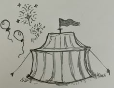 a drawing of a circus tent with balloons and a flag on the top that says happy birthday