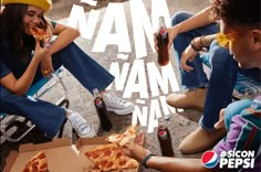 people sitting on the ground eating pizza and drinking soda