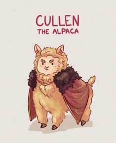 an animal with a cape on it's back and the words cullen the alpaca above it