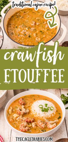 Two pictures of crawfish etouffee one in a pot, one dished out in a bowl with a scoop of rice added. Crawfish Etoufee Recipe, Dinner Food Recipes, Crawfish Etouffee Recipe, Louisiana Dishes, Etouffee Recipe