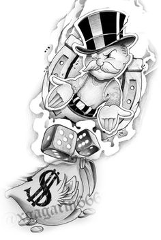 a black and white drawing of a cat with a top hat, playing cards and dice