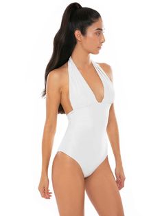 Woman one piece swimsuit White solid color Deep neckline on the back V neck Adjustable straps on the neck Composition: 90% Polyamide 10% Elastane Care instructions: Cold hand wash. Do not soak. Do not iron. Do not dry off in contact with other garments. Rinse after contact with chlorine or salt water | MC2 Saint Barth Women's White One Piece Swimsuit | SS18 Elegant Backless One-piece Swimsuit For Pool, Elegant Backless One Piece For Pool, Elegant Backless One-piece For Pool, Summer Bodysuit With Back Closure, One-piece Swimwear With Back Closure For Summer, Halter Neck Bodysuit For Poolside, Summer Poolside Bodysuit With Back Closure, Elegant Solid Bodysuit For The Beach, Elegant Bodysuit For The Beach