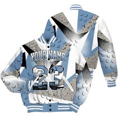 Brand Dunkare University Blue 4s Shirt Poly Custom Name Number 23 5s All Over Print Baseball Varsity Jacket Blue Team Spirit Outerwear For Streetwear, Blue Varsity Jacket For Sports Events, Blue Long Sleeve Varsity Jacket For Sports Events, Blue Varsity Baseball Jersey With Team Name, Blue Varsity Baseball Jersey For Sports, University Blue 4s, Blue Varsity Jacket With Letter Print For Sports, Blue Varsity Baseball Jersey For Streetwear, Blue Varsity T-shirt For Fan Gear