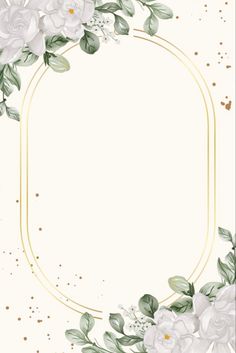 white flowers with green leaves and gold border on a white background for an elegant card or banner