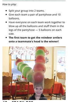 a child is sitting in front of balloons with the caption how to play split your group into 2 teams give each team a pair of partyhose and 10 balloons