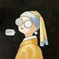 a painting of a girl with a pearl earring holding a sign that says hey