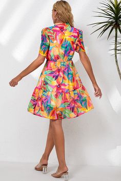 Multicolor Summer Floral Print V Neck Short Sleeve Dress Colorful Knee-length Summer Dress, Colorful Patterned Knee-length Summer Dress, Multicolor A-line Midi Dress For Vacation, Casual Multicolor Tropical Print Dress, Multicolor Floral Print Midi Mini Dress, Casual Colorful Tropical Print Dresses, Colorful Casual Dresses With Tropical Print, Multicolor Floral Print Knee-length Mini Dress, Summer Multicolor A-line Mini Dress