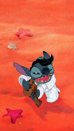 an animated character with a violin in the middle of a red desert area, surrounded by stars