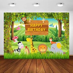 a birthday backdrop with animals and a sign that says happy birthday on the jungle background