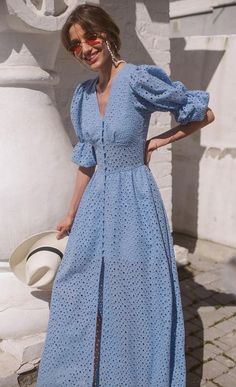 Linen Summer Outfits, Fancy Gown, Maxi Design, Gown Blue, Fancy Frocks, Linen Summer, Eyelet Dress, Puffy Sleeves, Long Maxi