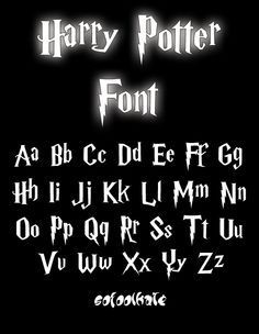 the harry potter font is lit up with white letters and numbers on black background,