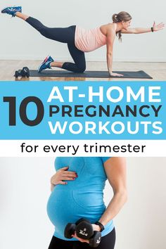 a pregnant woman doing exercises with dumbbells on her belly and the words, 1st, 2nd, 3rd trimester workouts you can do at home