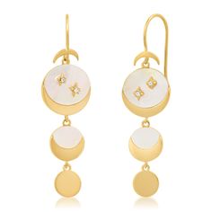 Gold plated brass, mother of pearl, CZ SKU: TE-3697 (G) Elegant Moon Phase Dangle Jewelry, Elegant Gold Plated Moon-shaped Earrings, Elegant Gold Earrings With Moon Charm, Elegant Moon-shaped Gold Plated Earrings, Elegant Moon Shaped Gold Plated Earrings, Celestial Gold Plated Moon Earrings, Elegant Gold Moon-shaped Earrings, Elegant Half Moon Brass Jewelry, White Moon Shaped Celestial Jewelry