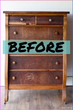 an old dresser with the words before painted on it's bottom and bottom side