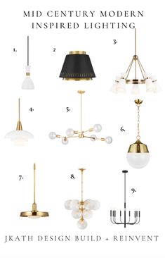 the mid century modern inspired lighting guide is shown in gold, black and white colors