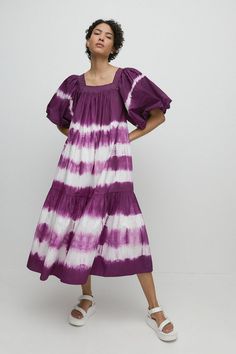 Tie Dye Cotton Square Neck Midi Dress | Warehouse Conscious Clothing, Square Neck Midi Dress, Purple Midi Dress, Tie Dye Cotton, Dresses Plus Size, Womens Tie, Tie Dye Print, Tie Dress, Square Neckline