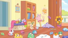 a room filled with lots of toys and stuffed animals on top of wooden flooring