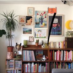 a bookshelf filled with lots of books next to a wall covered in pictures