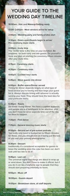 a flyer for a wedding day with the words, your guide to the wedding day time line