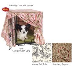 a dog is sitting in its kennel with the cover pulled up and curtain open