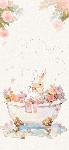 a watercolor painting of a bunny in a bathtub filled with flowers and stars