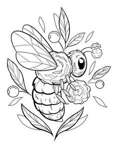 a black and white drawing of a bee with flowers