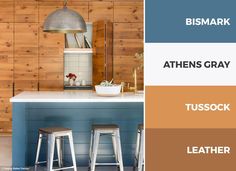 the color scheme for this kitchen is blue, brown, and white with two stools