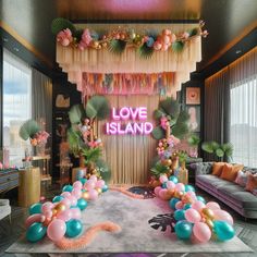 a living room decorated with balloons and streamers in the shape of love island, surrounded by palm trees