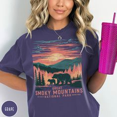 Show off your love of nature and our nation's beautiful Parks in our Great Smoky Mountains National Park Shirt! This shirt is all about embracing the great outdoors, featuring a custom design that showcases the wildlife and beauty of the North Carolina and Tennessee Mountains! The "comfort colors" garment-dyed vintage cotton fabric has that comfy, lived-in feel, that's like a hug every time you put it on! Now you can take a bit of the Smokies with you wherever you wander! Grab one while you can, Tennessee Mountains, Grad Shirts, Beautiful Parks, National Park Gifts, National Park Shirt, T Shirt Logo Design, Tennessee Vacation, Shirt Logo Design, Oversized T Shirt Dress