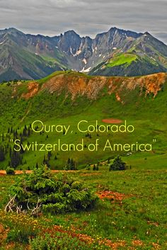 there is a green field with mountains in the background and text that reads, ouray colorado