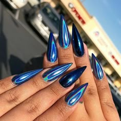 Blue Holo Nails, Chrome Stiletto Nails, Boutique Nails, Holo Nails, Sharp Nails, Chrome Powder, Holographic Nails