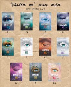 the book covers for shattered me series are shown in different colors and font, with an eye