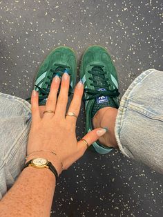 Gold jewlery/adidas outfits/green and gold watch/ rings/ nail inspo/ green adidas / sambas/ gazelles/ spezials/ shoes / fall outfit inspo Spezial Shoes Outfit, Styling Gazelles, Green Adidas Spezial, Gazelle Green Outfit, Adidas Gazelle Green Outfit