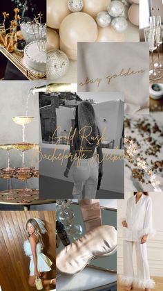 a collage of photos with white and gold decorations, wine glasses, champagne flutes